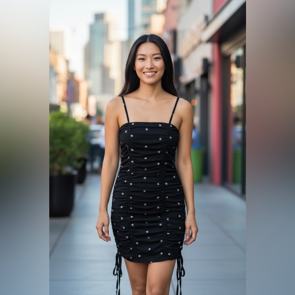 Forever 21, Black Star Ruched Mini Dress, Size S | 0412 - Picture 1 of 6